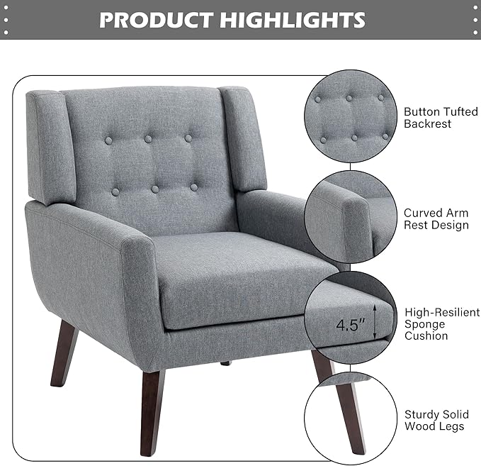 UIXE Accent Chair Modern Arm Chairs, Mid Century Upholstered Club Armchair, Comfy Single Lounge Sofa Living Room Button Tufted Armrest Reading Seat Bedroom Side Sitting for Home Office, Gray