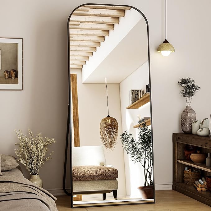 Full Length Mirror, 71"x28" Floor Mirror Freestanding, Arched Floor Standing Large Mirror Full Body Mirrors with Stand for Bedroom, Hanging Mounted Mirrors for Living Room,Black