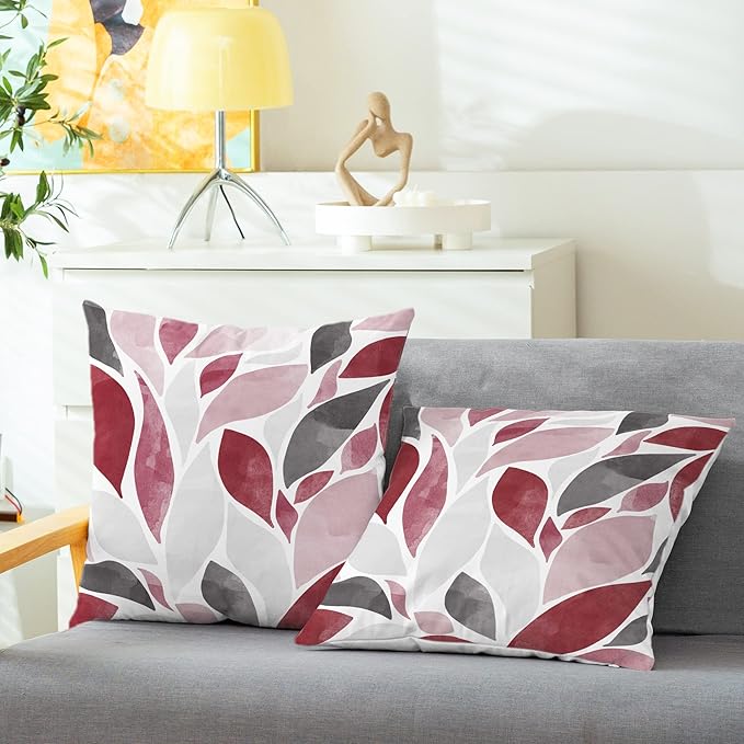 CaliTime Throw Pillow Cases Pack of 2 Cozy Fleece Falling Dahlia Floral Flowers Petals Decorative Cushion Covers for Couch Bed Sofa Farmhouse Decoration 18 X 18 Inches Burgundy Pink Grey