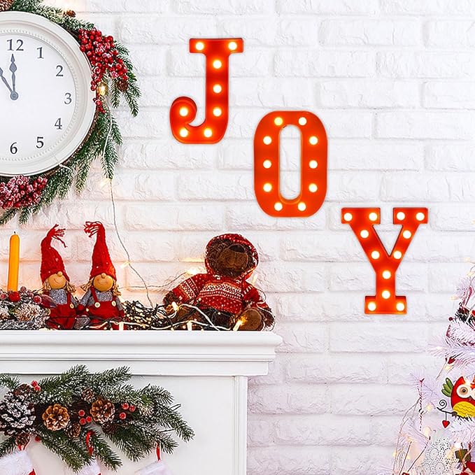 Christmas Table Decorations with LED Lights, Resin Joy Centerpiece for Holiday Party Home Table Decor Christmas Decorations