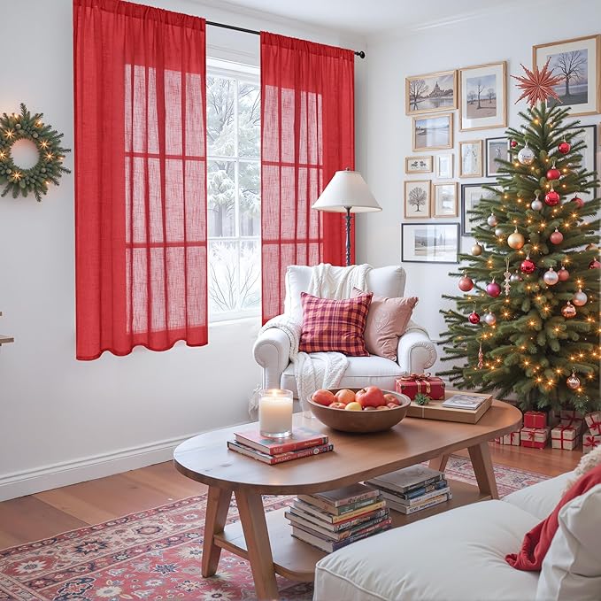 BGment Semi Sheer Curtains 48 Inch Length for Kitchen Window, Red Linen Drapes Lightweight Rustic Textured Rod Pocket for Small Bedroom Living Room Office Party Decor, 2 Panels Set, Each 42 Inch Wide