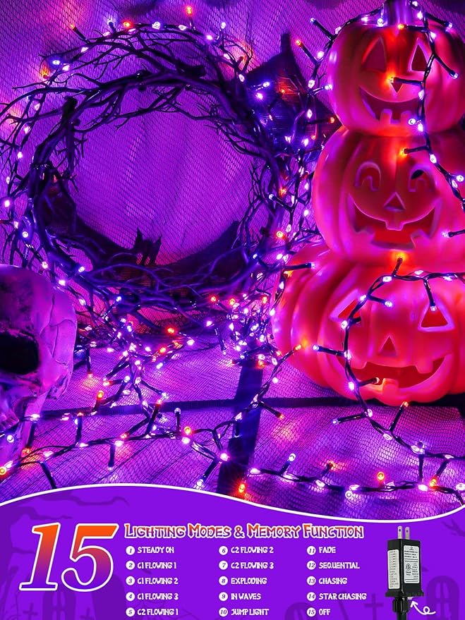 33FT 800 LED Halloween Slow Twinkle Cluster Lights, Firecracker Fairy Lights with 15 Modes & Timer Function, Waterproof String Lights for Indoor Outdoor Tree Halloween Decorations, Orange and Purple