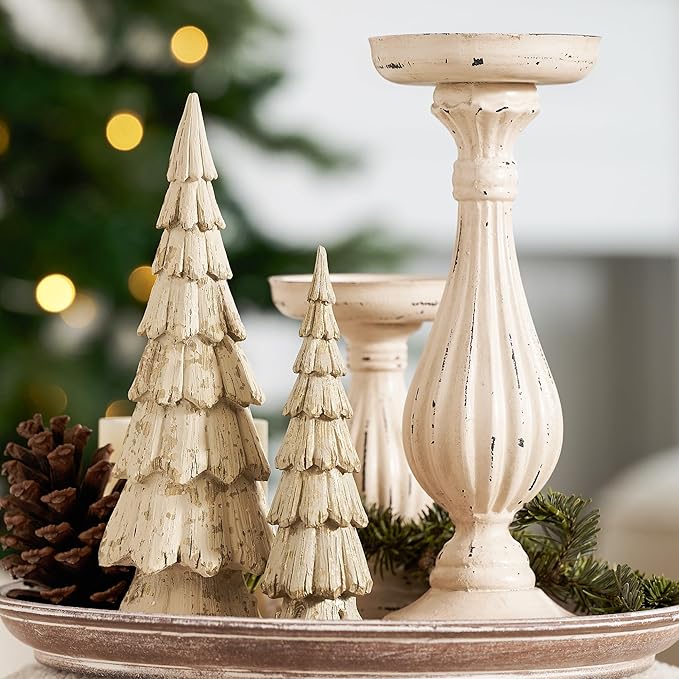 Christmas Tree Figurines, Wood Effect Accented with Gold, Tabletop Xmas Trees Set of 2, Small Decorative Resin Christmas Trees, Christmas Decorations Indoor, Winer Mantle Decor for Table Centerpieces