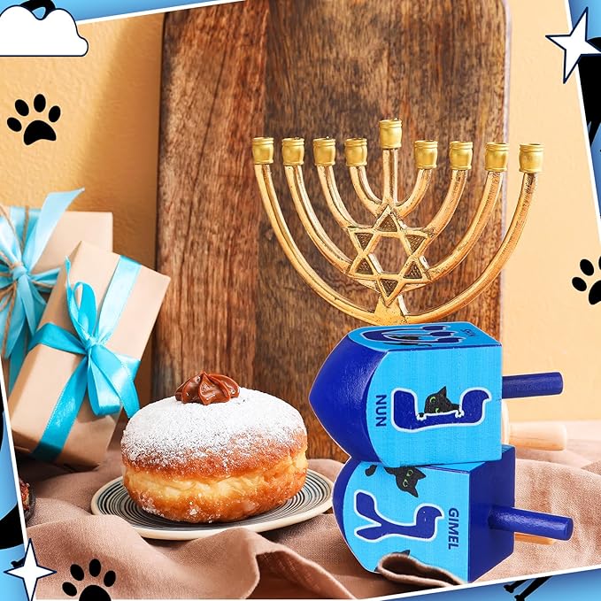 2 Pcs Hanukkah Dreidels Game Toy Extra Large Wooden Dreidel for Hanukkah Decoration with English Transliteration, Forever Spinning Tops Party Favors(Cat)