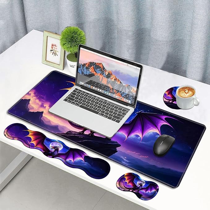 4 in 1 Ergonomic Memory Foam Mouse Pad Wrist Rest Set, Large XXL Gaming Desk Pad + Keyboard Wrist Rest + Mouse Wrist Cushion + Coaster for Home Office Study Gaming, Dragon