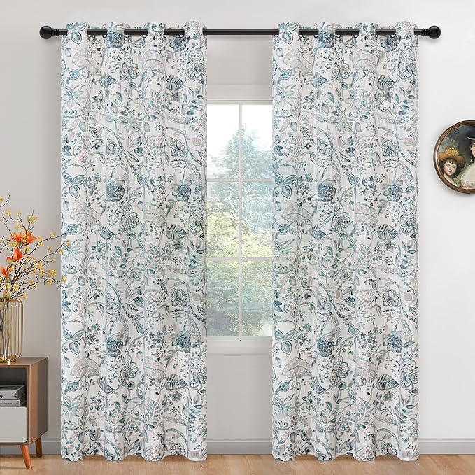 MYSKY HOME Floral Curtains Cotton Curtains 84 Inch Length Semi Sheer Curtains Light Filtering Curtains for Living Room Bedroom Floral Printing Window Treatment Grommet 2 Panels,Green