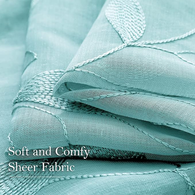 HOMEIDEAS Turquoise Aqua Sheer Curtains 52 X 63 Inches Length 2 Panels Embroidered Leaf Pattern Pocket Faux Linen Floral Teal Voile Window Drapes for Bedroom Living Room