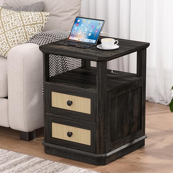 End Table Set of 2 with Charging Station, 24” Tall Sofa Side Table with Rattan Drawer, Anti-Collision Angle Wooden Night Stand for Living Room, Bedroom, Office.