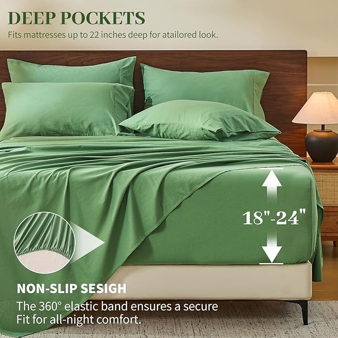 MEISHANG 100% French Pure Linen Sheets Queen Size - Extra Deep Pocket Sheet Set, Soft Durable Flax Linen, Anti-Tear Breathable & Oeko-Tex Certified 18-24 Deep Pocket,All Season(Sage Green)