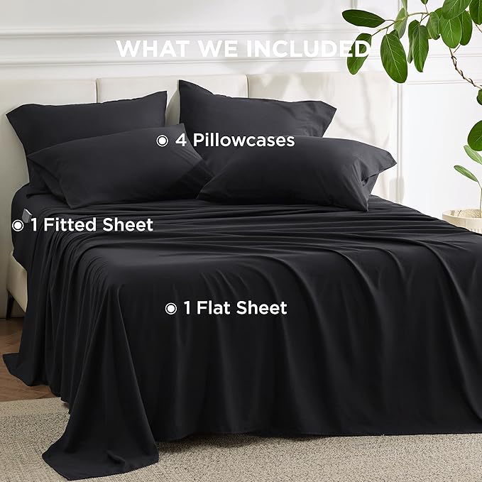Bedsure Deep Pocket Full Size Sheets Set - 6 Piece, Prewashed Ultra-Soft Full Size Bed Sheets, Fits Mattresses Up to 18 Inches Thick, Breathable & Secure Fit, Hotel Luxury Bedding, Black