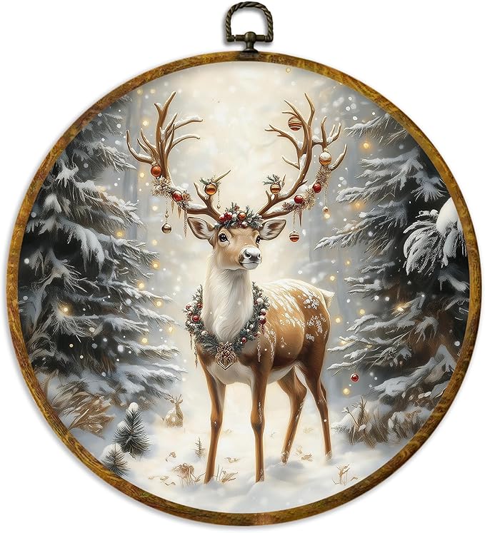 XPH Christmas Reindeer Round Wall Art Framed, Cottage Winter Forest Wildlife Deer Circle Wall Decor, Rustic Xmas Cozy Winter Hanging Canvas Prints for Home Bedroom Living Room Decoration, 10x10 Inch