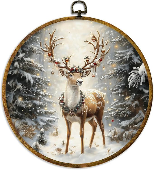 XPH Christmas Reindeer Round Wall Art Framed, Cottage Winter Forest Wildlife Deer Circle Wall Decor, Rustic Xmas Cozy Winter Hanging Canvas Prints for Home Bedroom Living Room Decoration, 10x10 Inch
