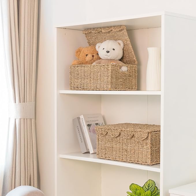 KOKODO Set of 2 Scalloped Wicker Baskets β Handwoven Rectangular Seagrass Storage Baskets with Lid and Handles for Organizing, Bathroom, Living Room & Shelf DΓ©cor β Decorative Rattan Organizing Bins