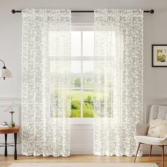 Ivory Lace Semi-Sheer Curtains – Vintage Leaves Pattern Lace for Bedroom/Bathroom, Light Filtering Rod Pocket Drapes, Privacy Chic Window Treatments Scalloped Hem, 52W x 72L Inch, 2-Panel Set