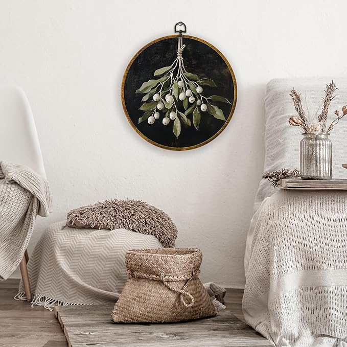 XPH Vintage Moody Christmas Round Wall Art Framed, Dark Academia Mistletoe Circle Wall Decor, Winter Cottagecore Botanical Hanging Canvas Prints for Home Bedroom Living Room Decoration, 10x10 Inch