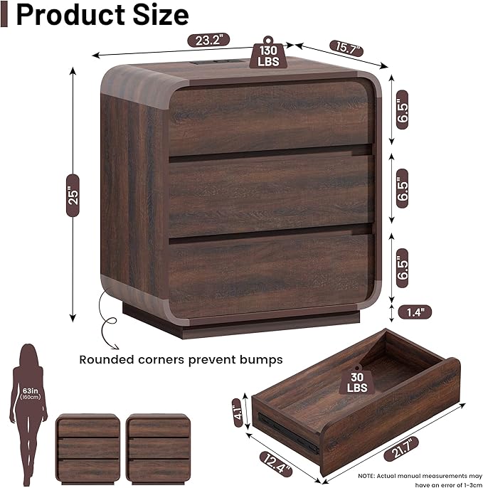 Modern Walnut Nightstand, 25" Tall Wooden Bedside Table with Charging Station, 3 Drawers Dresser Side Table Curved Profile, Handleless, Large End Table Night Stand for Bedroom, Office