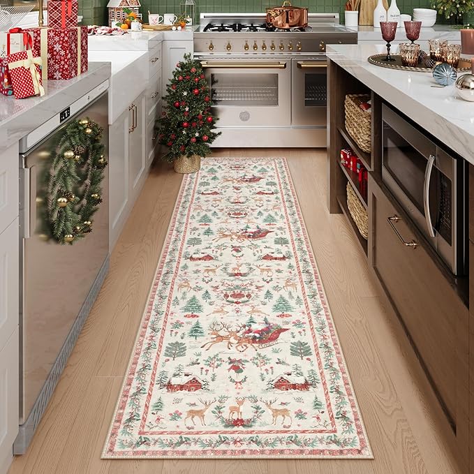 Lahome Christmas Runner Rug 2x8 Beige Rug Runners for Hallways Non Slip,Washable Kitchen Bathroom Runner Rug,Soft Christmas Tree Santa Claus Carpet Runner for Entryway Holiday Decor(2'x8',Beige)