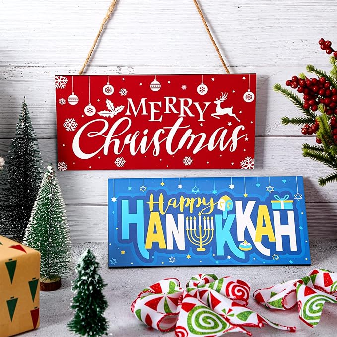2 Pieces Merry Christmas Sign Hanukkah Blue Hanging Sign Decoration Wooden Hanukkah Door Decorations Xmas Wood Sign with Hanging Rope for Jew Holiday Wall Front Door Porch Decor, 9.84 x 4.72 Inch
