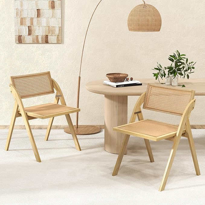 Giantex Folding Dining Chairs Set of 4, Wooden Folding Chair with Rattan Backrest & Seat, Sturdy Rubber Wood Frame, Armless Accent Chairs for Living Room, Kitchen Wedding Party, No Assembly, Natural