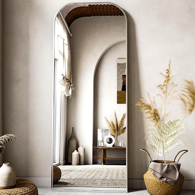 56x21 Inch Full Length Mirror - Large Floor Standing & Wall Mountable Full Body Mirror with Sturdy Aluminum Frame, Arched Top Design, Freestanding or Hanging for Bedroom, Living Room, Cloakroom,Silver