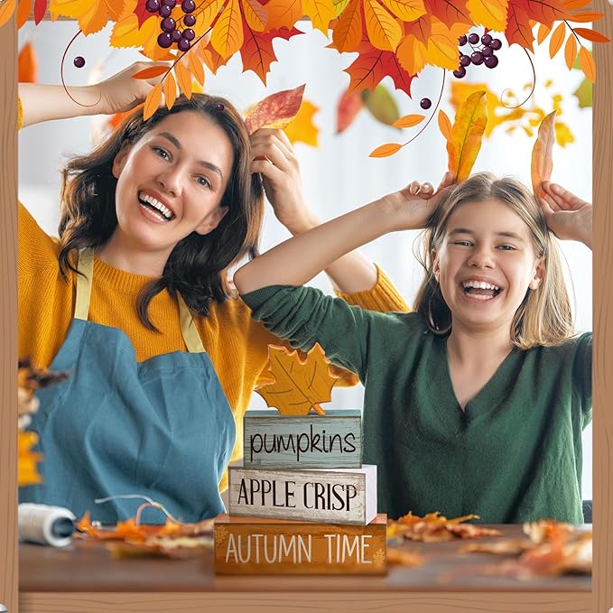 4 Pcs Fall Decoration for Home Wooden Maple Leaf Fall Tiered Tray Decor Thanksgiving Centerpiece Rustic Decorative Maple Leaf Block Signs Gift Farmhouse Autumn Decoration for Home Kitchen