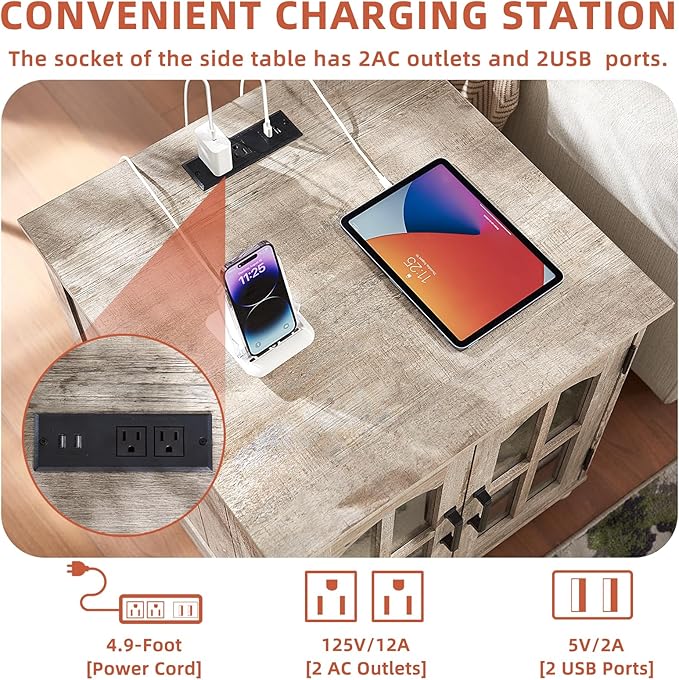 Farmhouse 24" End Table Set of 2 with Charging Station, Large Sofa Side Table with Glass Barn Door,Wood Night Stand with Adjustable Storage Shelf,Square Bedside Table for Living Room,Bedroom