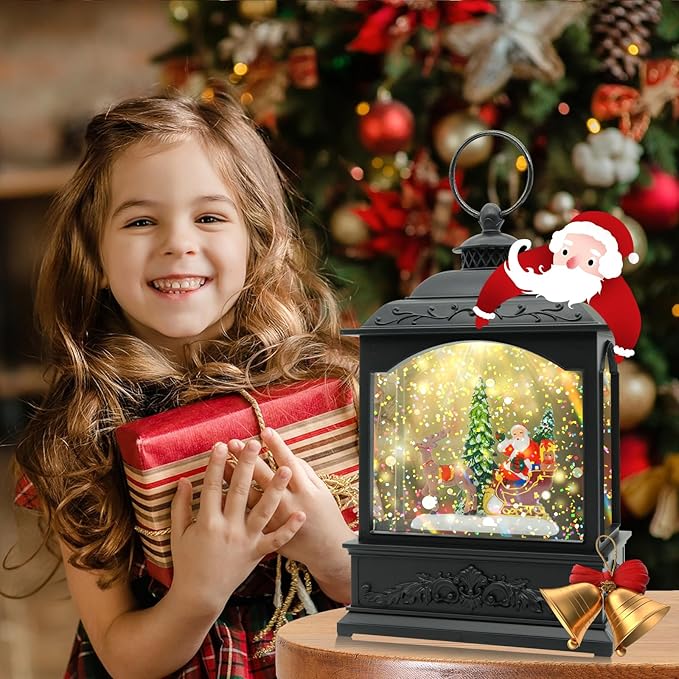 Christmas Snow Globe Lantern with Music & Timer, Santa LED Glitter Lantern, Battery Operated Christmas Globe Decoration, Fall Holiday Decor for Home