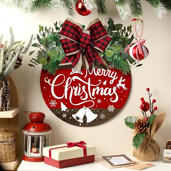Boao Welcome Door Decoration christmas front door sign red merry christmas Snowflake Wooden Door Hanger with bow Wreaths for Christmas Outdoor Farmhouse Porch Front Door Decor