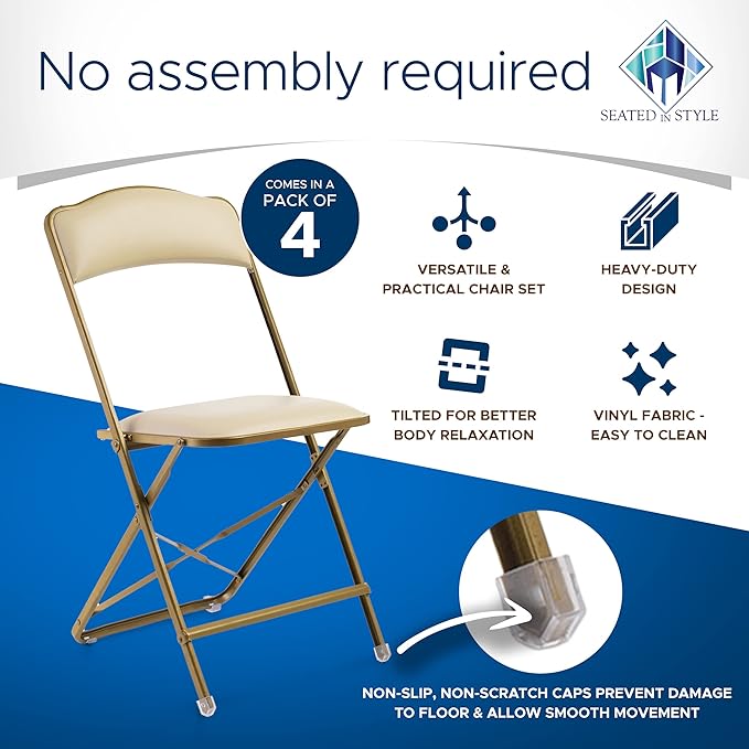 Folding Chairs with Padded Seats 4 Pack - Foldable Chair with Heavy-Duty Steel Frame, Elegant Bridge Chairs for Outside, Home, Office, Indoor & Outdoor Events - Gold/Almond