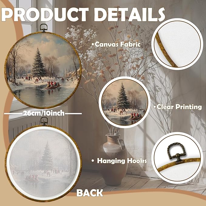 CUANFDDSF Rustic Christmas Winter Round Wall Art, Christmas Winter Scene Framed Hanging Wall Decor, Farmhouse Cozy Xmas Holiday Canvas Prints Decorations for Home Bedroom Living Room, 10x10 Inch