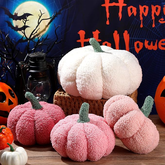 Kajaia 4 Pcs Fall Decor Pumpkin Throw Pillow Fall Pillow 11 Inches 7 Inches 3D Cushion Thanksgiving Sherpa Plush Fluffy Stuffed for Autumn Halloween Christmas Home Sofa(White, Pink Series)