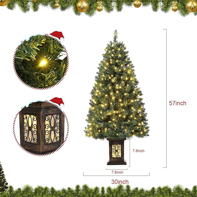 4.5ft Green Christmas Tree, Pre-Lit Artificial Potted Xmas Tree with 300 Led Lights, 8 Lighting Modes, Antique Urn Base Design, Dense Branch Realistic Home Party Decoration w/Easy Assembly,2 PCS