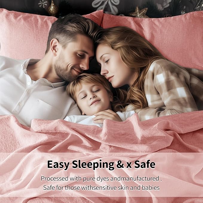 LBRO2M 100% Linen Sheet Set 16" Deep Pocket Full Size,Bed Sheets 4 Piece Sets,Solid Color Natural Flax Bed Sheets Soft Breathable Bedding, All Season (Full, Blush Pink)
