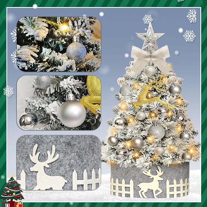 Mini Flocked Christmas Tree with Lights, 2ft Small Tabletop Tree with 24pcs DIY Decorations, LED Lights for Indoor Holiday Decor