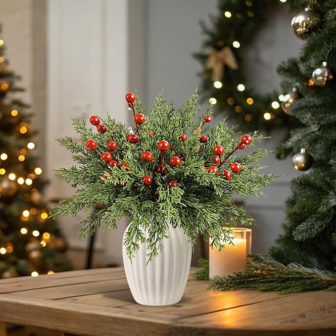 60Pcs Christmas Decorations-Artificial Pine Branches with Red Berry Stems, Christmas Decor Faux Pine Greenery Stems, Christmas Tree Decorations & Christmas Picks for Indoor Outdoor Navidad Decor