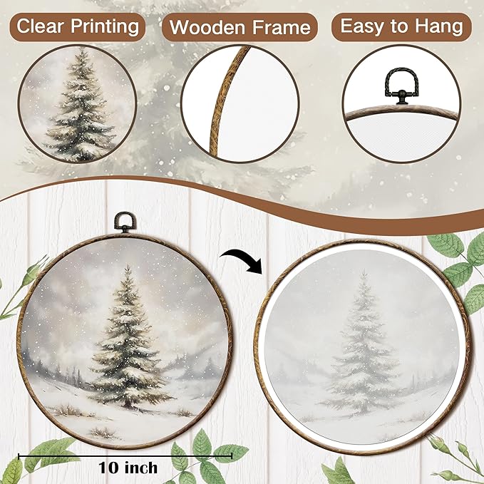 FSTCSV Winter Christmas Tree Round Wall Art Framed, Vintage Christmas Tree Snow Canvas Prints Wall Hanging Art, Retro Neutral Winter Forest Pine Trees Snow Circle Walls Decor for Home Bedroom,10x10in