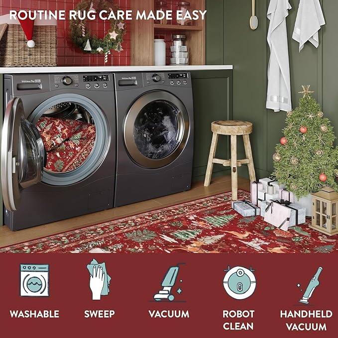 Lahome Christmas Rug for Living Room, 8x10 Soft Large Rug for Bedroom, Christmas Tree Santa Claus Non Slip Washable Red Xmas Indoor Floor Carpet for Dining Room Holiday Decor
