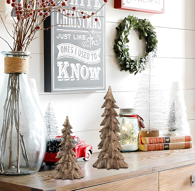 MEETYAMOR Christmas Decorations Indoor, Set of 2 Golden Resin Christmas Trees for Table Decor, Farmhouse Rustic Xmas Decorations Figurines for Home, Kitchen, Mantle, Shelf
