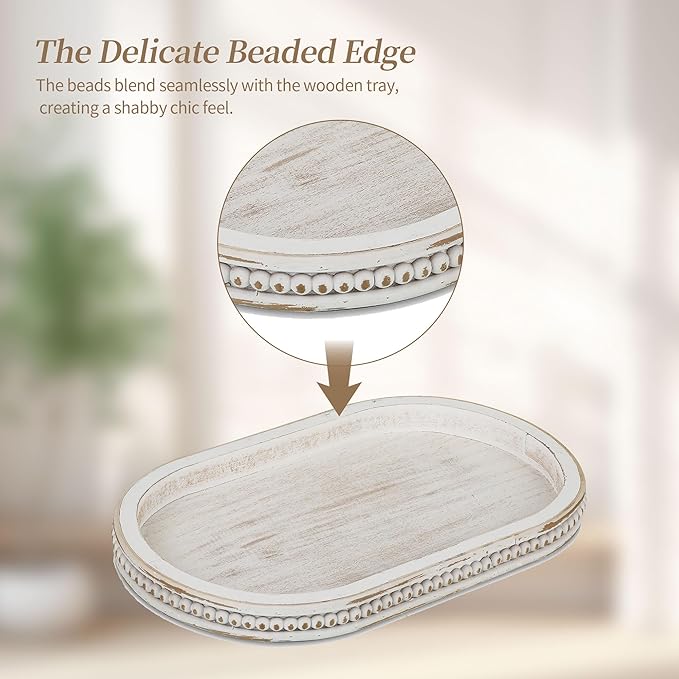 Hanobe Decorative Serving Tray Wood: White Washed Bead Oval Tray for Coffee Table Rustic Wooden Trays Decor Farmhouse Kitchen Counter Tray Vintage Centerpiece for Living Room Home Organizer