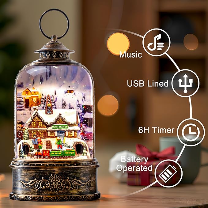 10.3" Christmas Snow Globe Water Lantern with Train Station Scene Battery Operated or USB Powered Musical Lighted Holiday Decoration for Tabletop Display for Family and Friends