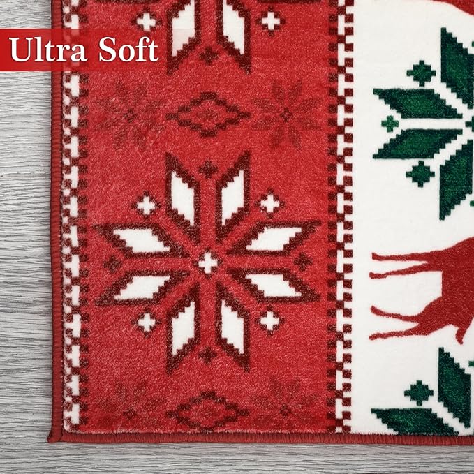 Large Living Room Area Rug 10x13 Christmas Rugs Boho Snowflakes Xmas Dining Room Throw Carpet Non Slip Low Pile Holiday Decor Area Rugs Stain Resistant Xmas Area Rugs for Beedroom Nursery, Red