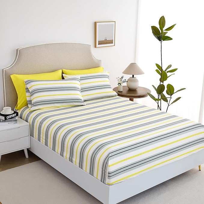 King Size Bed Sheets Set Deep Pockets - 6PC Stripes Ultra Soft Microfiber Bed Sheets - Easy to Clean, 90 Thread Count Sheets with Fitted Sheet, Flat Sheet & Pillowcases (Grey/Yellow)