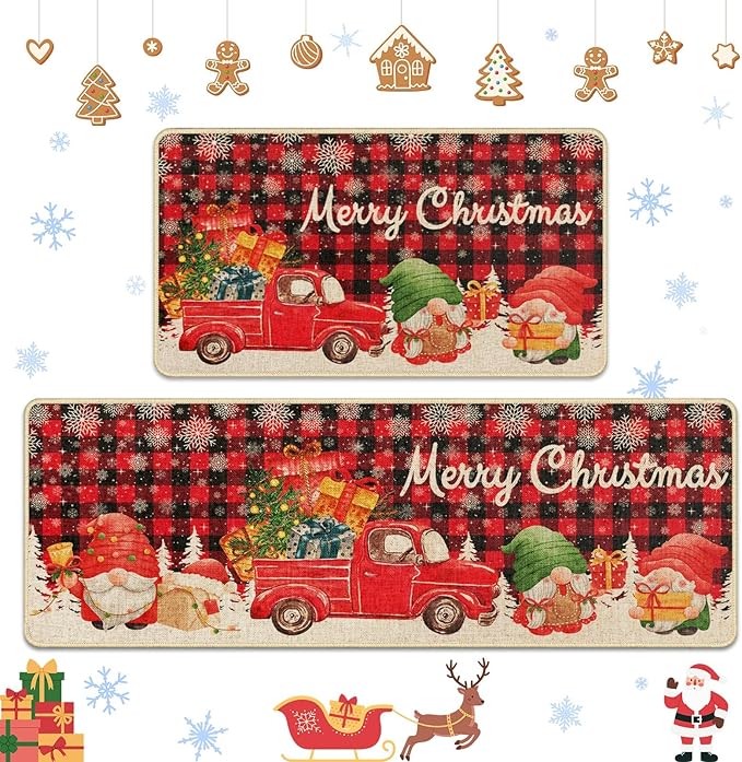 Christmas Trucks Red Buffalo Plaid Kitchen Rugs and Mats Non Skid Washable Set of 2, Gnome Xmas Kitchen Mats for Floor Decor