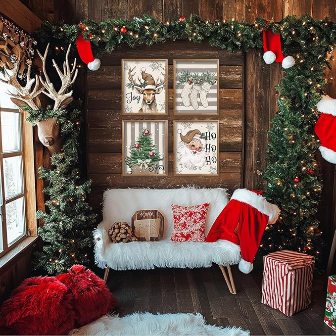 ETVISO Christmas Decor, Christmas Deer Wall Art Prints Set of 4, Retro Xmas Poster, Winter Holidays Gift Print Decor for Gallery Living Room Bathroom, 8x10 (Unframed)