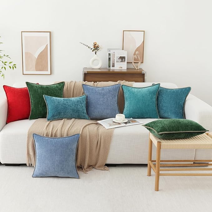 decorUhome Christmas Chenille Soft Throw Pillow Covers 18x18 Set of 2, Farmhouse Velvet Neutral Decorative Euro Pillow Covers with Stitched Edge for Couch Sofa Bed Home Decor, Red