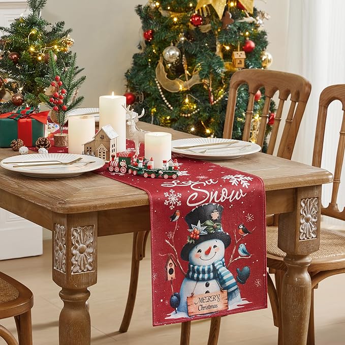 Christmas Table Runner - Red Snowman Snowflake Winter Holiday Decorative Farmhouse Table Decorations for Kitchen Dinning, Indoor Outdoor Dinner Party Decor 13x72 Inch