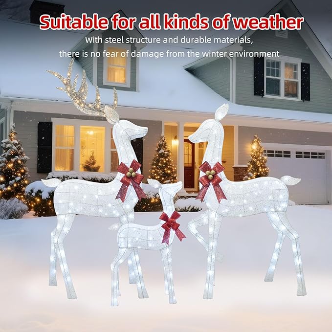 HOYECHI 6.5 FT Oversized Christmas Decorations Outdoor Lighted Reindeer β 3-Piece 3D Deer Family Set with 340 Warm White LED Lights for Yard, Lawn, Garden & Porch Holiday Display - White
