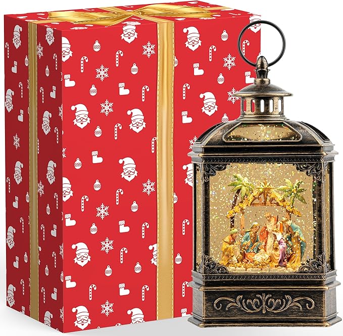 Christmas Snow Globe Lantern Lighted Manger Nativity Scene, Musical Water Lantern Play Silent Night Music in Swirling Glitter, Holiday Decorations Gift