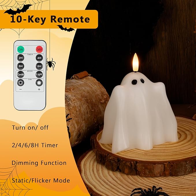 Halloween Flameless Candles with Remote, Real Wax Ghost Battery Operated Candles, Flickering LED Fake Candle, Halloween Decorations for Table, Fireplace, Home, Party, Festival Decor
