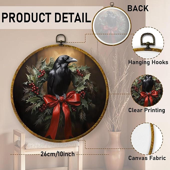 QZQE Christmas Raven Round Wall Art Decor Framed, Dark Academia Moody Crow Circle Canvas Prints, Gothic Rustic Holiday Xmas Crow Circular Wall Hanging Decor for Home Bedroom Living Room, 10x10 Inch